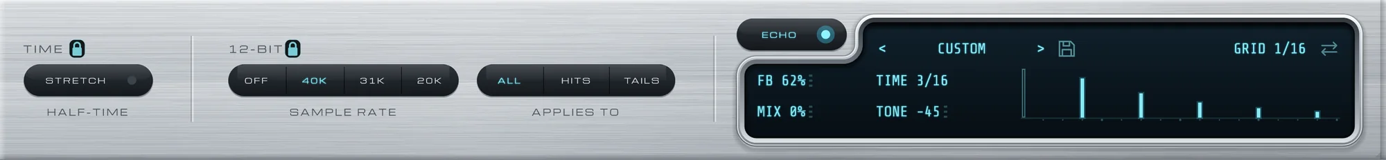 The open ADVANCED drawer: TIME, 12-BIT and ECHO side by side