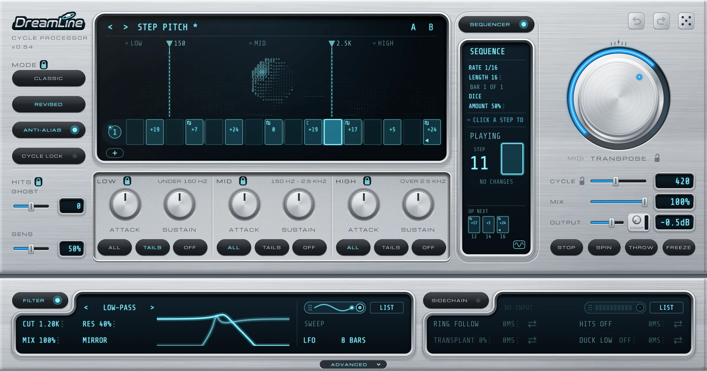 The DreamLine plug-in: brushed silver panel with a glowing blue display, step sequencer, TRANSPOSE knob, and filter and sidechain strips