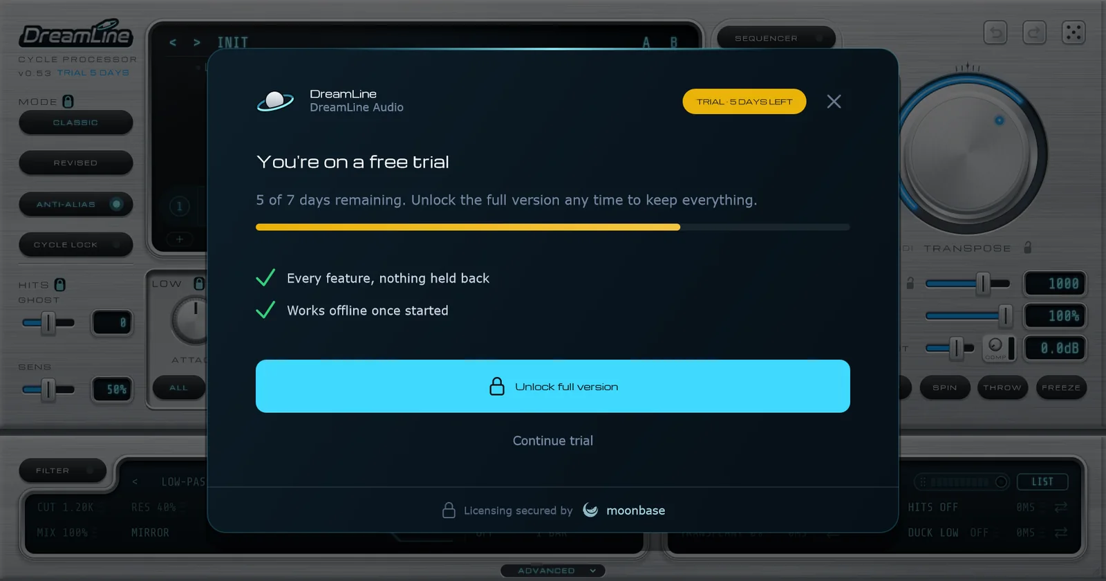 DreamLine's licence screen showing a free trial with 5 of 7 days remaining