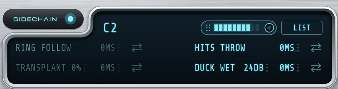 The SIDECHAIN strip with a C2 bass note arriving, HITS set to THROW and DUCK set to 24 dB